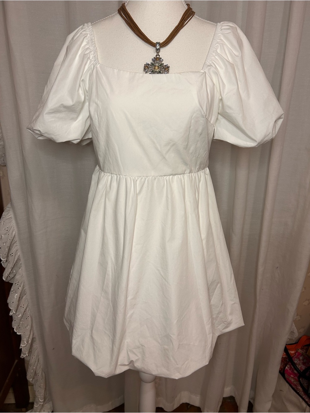 Haute by Shein Babydoll Mini Dress S White Cotton Square Neck Puff Sleeve Bubble